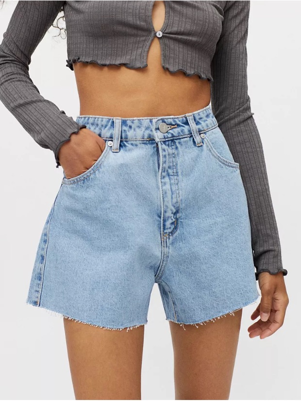 Abrand Light Blue High Rise Raw Hem Denim Shorts